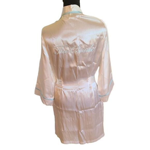 Linea Donatella Women's Satin Robe Embroidered "The Bride" Belted White S/M - Picture 1 of 14